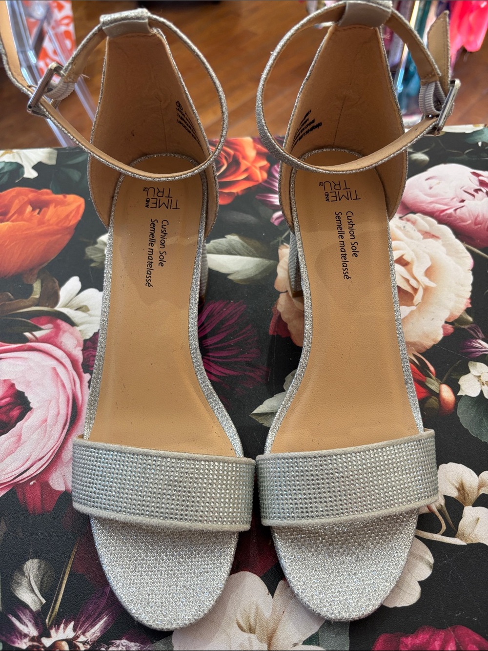Time and Tru Silver Sparkle Ankle-Strap Heels